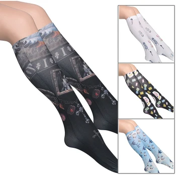 

KASURE Printed Pattern White Black Knee High Stockings For Women Girl Long Nylon Elastic New Fashion Soft Ladies Accessories