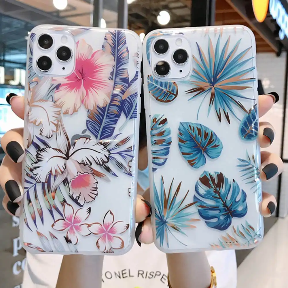 クリア花柄電話ケース Iphone 11 プロマックス Xr X Xs 最大 7 8 グリッター葉 Imd ケース Iphone 7 8 プラス Se バックカバー 電話用緩衝材 Aliexpress