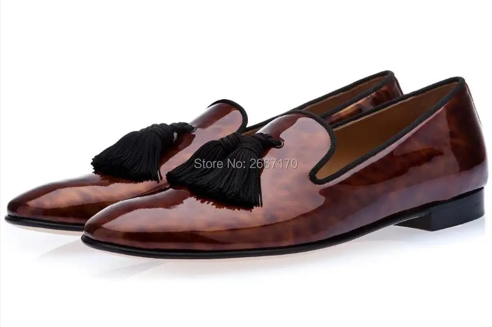 Brown Toned Flats Fringed Loafers Patent Leather Slippers Tassel Shoes Men Slip on Fringed Loafers