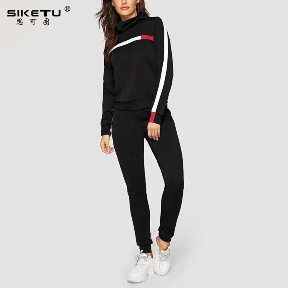 

Running Set Women Sport Suit Tracksuit Sweat Pants Jogger Suits 2pcs Long sleeve pile collar top + casual stitching pants D25