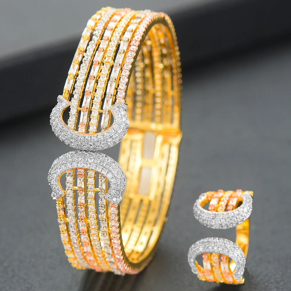 

GODKI Luxury Korea 2pcs Bangle Ring Set For Women Full Micro Cubic Zircon Pave Party Wedding Saudi Arabic Dubai Jewelry Sets