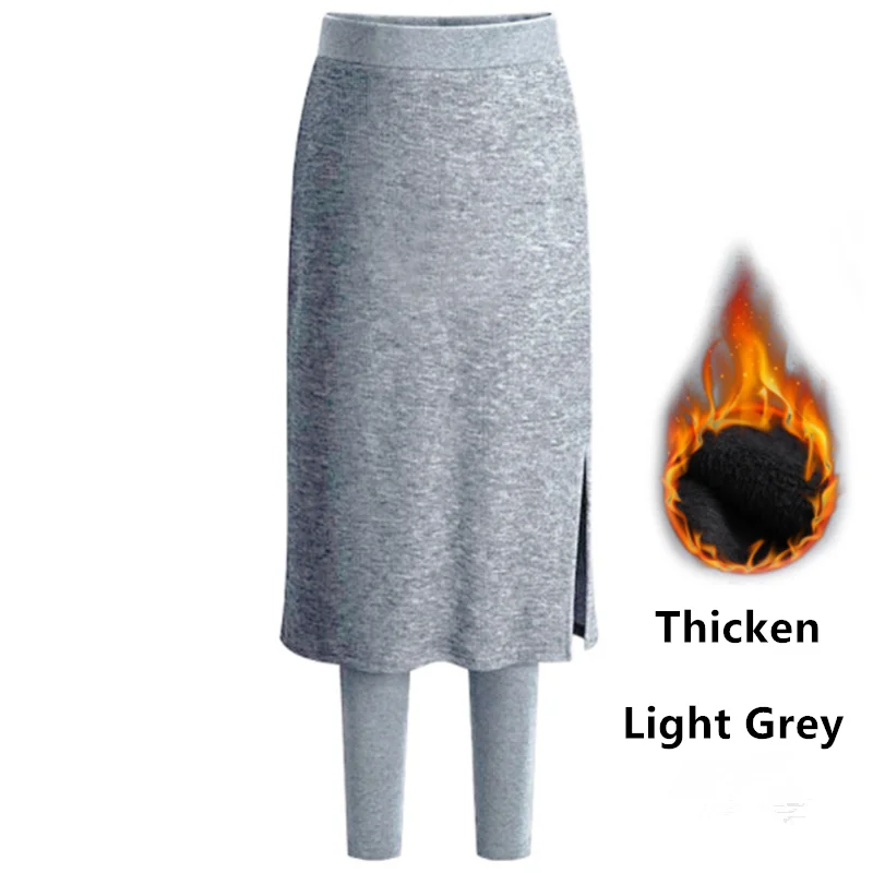 Light Gray Thicken Elastic Waist Winter Bust Thicken Fake Two Pieces Female High Waist Mid-length Skirt Pants Autumn Keep Warm girls - Цвет: Light Gray Thicken