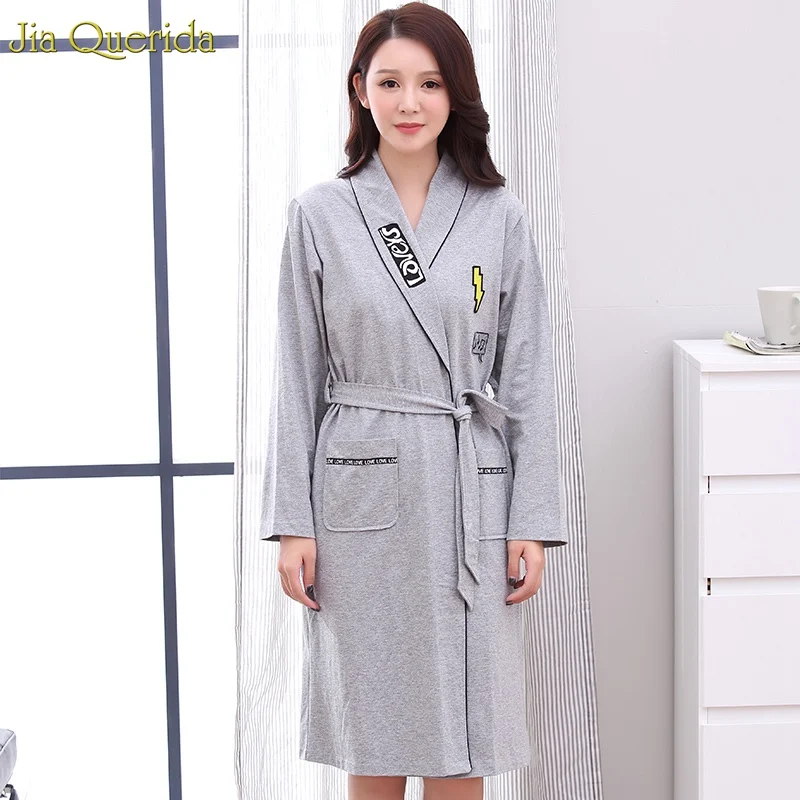 

Solid Robe for Woman Gray Belt Loose Size 100% Cotton Pocket Cardigan Printing Design Long Sleeves Autumn Spring Female Bathrobe