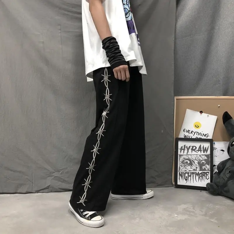 Harajuku Retro Women Pants Thorns Printed Elastic Waist Loose Wide Leg Pants Summer Streetwear Grunge Dark Casual Pants Unisex Harajuku Retro Women Pants Thorns Printed Elastic Waist Loose Wide Leg Pants Summer Streetwear Grunge Dark Casual Pants Unisex