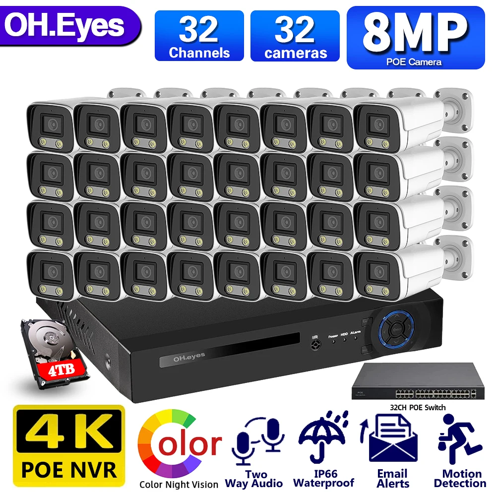 

H.265+ 32CH 4K NVR kit 48V POE security indoor outdoor Two-way Audio Full Color Night IP Camera Video Surveillance System P2P
