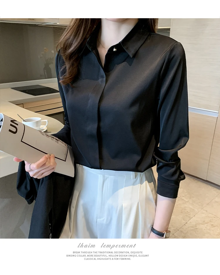 2022 Autumn Satin Women's Shirts Fashion Silk Button Solid OL Elegant Ladies Tops Long Sleeve Blouse Basic Women Shirts Blouses
