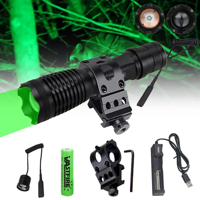 Tactical Green Red Hunting Torch LED Predator Flashlight w/Rifle Gun 18650 Light 