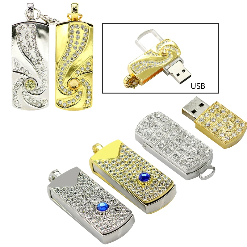 

Metal Crystal Gold Silver Rotary Key Chain USB 2.0 USB Flash Drive 64GB 8GB 16GB Memory Stick Disk Mini Key Pen Drives Storage