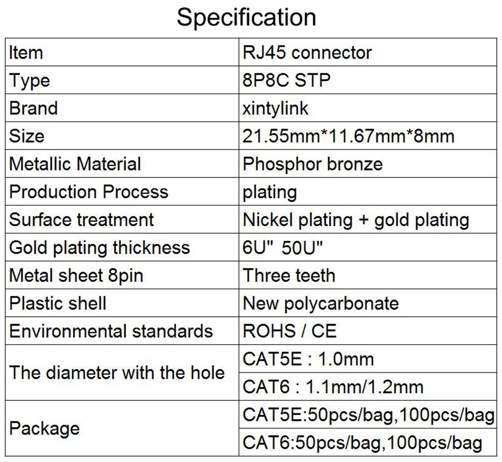 Xintylink Cat6 RJ45 Ethernet Cable Plug - High-Quality 8P8C Connector for Cat5e/6 Network LAN Internet Description Image.This Product Can Be Found With The Tag Names Computer Cables Connecting, Computer Peripherals, Connector, PC Hardware Cables Adapters