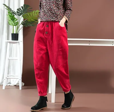 

retro literary elastic waist casual harem pants autumn cotton corduroy pants 2019 63066 lpp