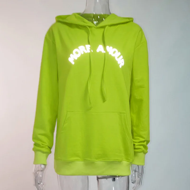 BOOFEENAA Fashion Reflective Letter Print Neon Green Oversized Hoodies Sweatshirt Streetwear Women