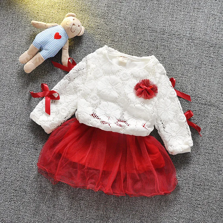 Платья для малышей, одежда для маленьких девочек коллекция года, осенне-зимний комплект из 2 предметов с длинными рукавами для малышей, платье принцессы нарядное платье для новорожденных, 1 день рождения - Цвет: Red