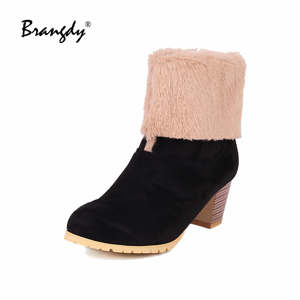 Brangdy Classical Women Ankle Boots Suede Women Shoes Lamb Wool Pointed Toe Women Winter Boots Fur Square Heels Fold Two Ways