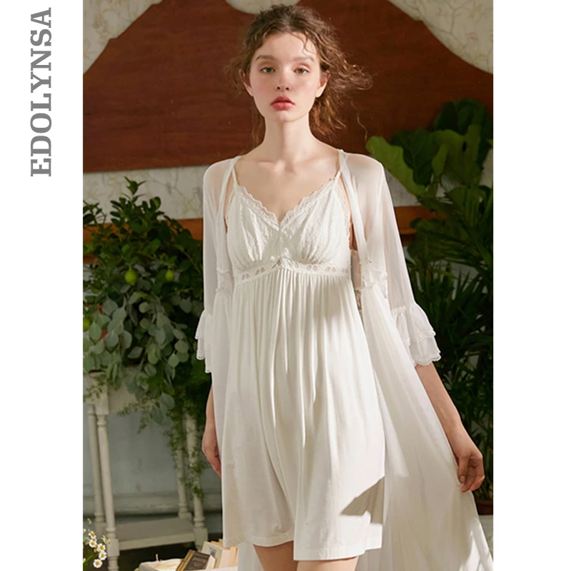 

2019 Sexy Robe Gown Set Two Pieces Sleepwear Women Home Wear Night Dress Sexy White Cotton Pajama Robe Kimono Nightgown Set T530