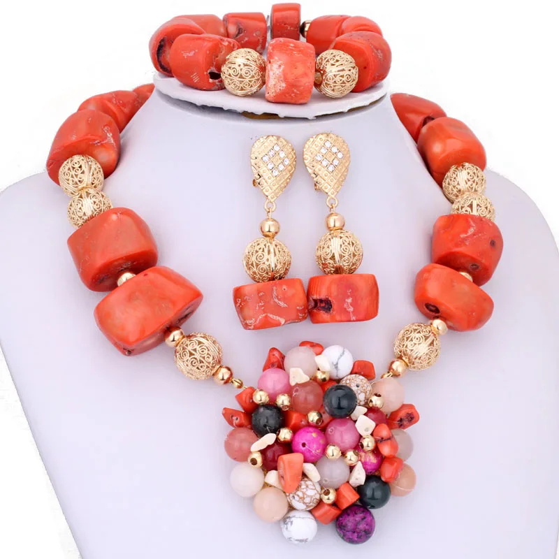 

19-33mm African Beads Set Handmade Nigerian Wedding Beads Genuine Big Coral Choker Necklace Set With Nature Stone Embellished