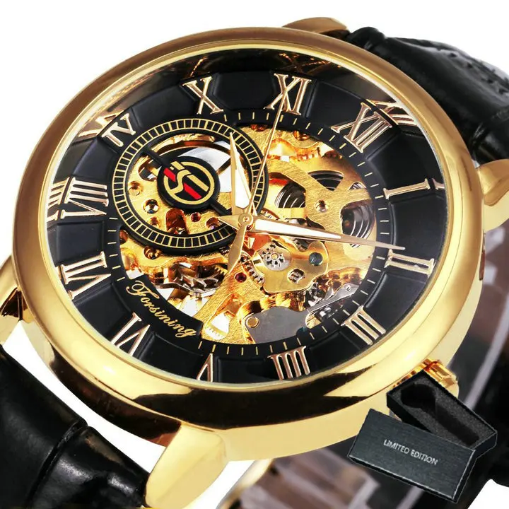 Mechanical Man Gold Watch Mens Watches Top Brand Luxury 2021 WINNER Clock Male Skeleton Leather Forsining 3d Hollow Engraving 