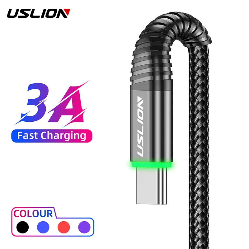 USLION 3A USB Type C светодиодный кабель для быстрой зарядки Тип Samsung Galaxy Xiaomi Huawei