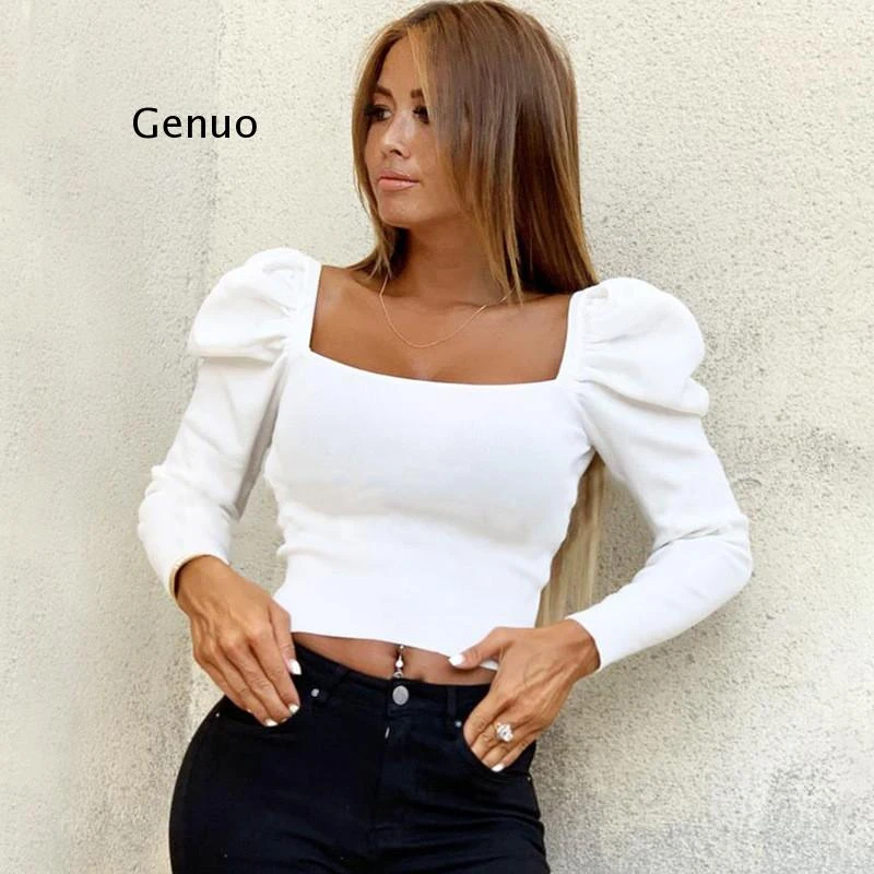 Camisas Retro de para mujer, blusas ajustadas de manga abombada de Color sólido con cuello Tops de moda para mujer, camisa de fondo con vientre desnudo|Blusas y camisas| - AliExpress