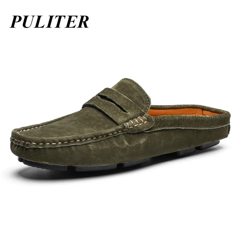 Summer Half Shoes For Men Luxury Brand Handmade Fashion Slipon Lazy Suede Leather Slippers Loafers Green PUTILER | Обувь