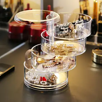

360 Degree Rotating Makeup Storage Box 4 Layers Jewelry Organizer Acrylic Brush Holder Jewelry Accessory Storage Tray with Lid