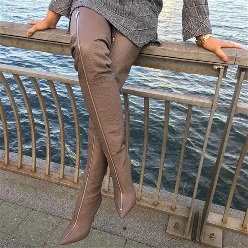 

Fashion Designer Crotch Thigh High Women's Boots Sexy Black Front Zip Pointed Toe Slouchy Overknee Boots Women Winter Shoes 2019