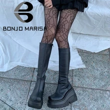 BONJOMARISA-Botas de plataforma con tacón grueso para mujer, zapatos informales de marca con suela gruesa, cuñas de media caña, para invierno