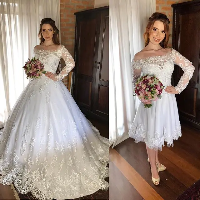 

Vestido De Noiva 2 Em 1 Lace Wedding Dresses Long Sleeve 2020 Sheer Bateau Neck Appliques Detachable Train Bride Wedding Gowns