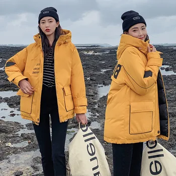 

Women parkas hooded collar, warm cotton padded coat women's large loose cotton jacket S to 2XL