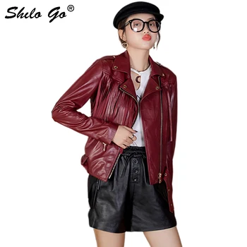 

Genuine Leather Jacket Highstreet Moto Tassel Detail Buckle Belted Wine Red Sheepskin Coat Women Autumn Casual Slim Outwear Grey
