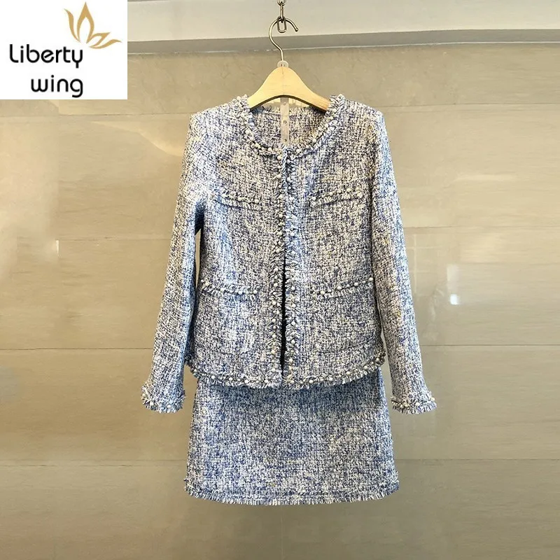 Autumn Winter Women Tassels Mini Skirt Two Piece Set Brand Slim Fit Tweed Jacket Outfits Twill Formal Office Ladies Suit Sets |