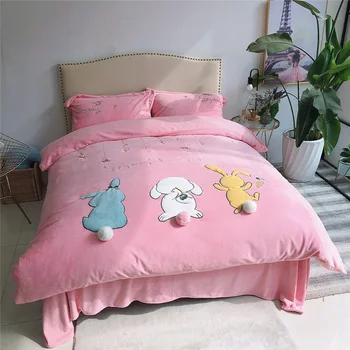 

New Pink Gray Blue Cute Cartoon Rabbit Embroidery Winter Velvet Fleece Child Bedding set Duvet Cover Bed Linen/Sheet Pillowcases