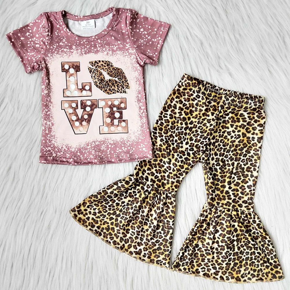 

New Fashion Baby Girls Designer Clothes Leopard Girls Boutique Bell Bottom Outfits Toddler Girl Clothes Wholesale Kids Clothing