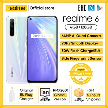 

Realme 6 4GB RAM 128GB ROM Mobile Phone Helio G90T 30W Flash Charge 4300mAh Battery 64MP Quad Camera Global Version EU Charger