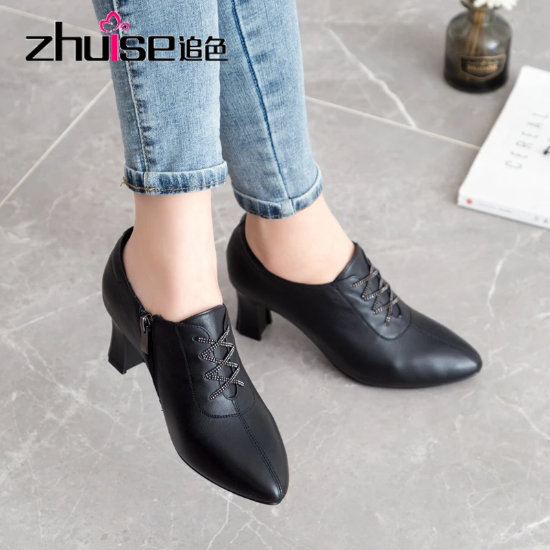 Womens Shoes Thick Heel Genuine-Leather Pointed Joker ZHUISE British-Style