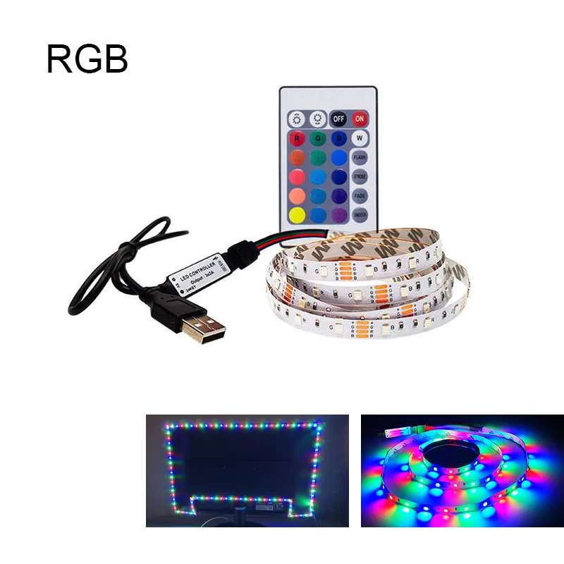 Светодиодная лента USB, светильник для ТВ, фоновый светильник ing RGB, неоновая лента SMD3528, 5 в постоянного тока, водонепроницаемая гибкая Диодная лента, 50 см, 1 м, 2 м, 3M, 4M, 5 м - Испускаемый цвет: RGB 24key Remote