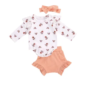 

0-18M Newborn Baby Girl Clothes 3Pcs Long Sleeve Ruffled Floral Romper+Shorts+Headband Cute Outfit