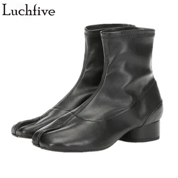 

Split Toe Ankle Boots For Women Classic Round Toe Boots Femme Black Slip On Round Heel Shoes Woman British Style Women Boots