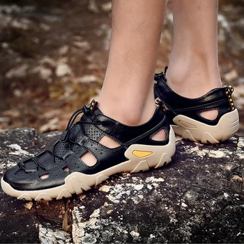 

100% Genuine Leather Summer Shoes Men Beach Sandals Non-slip Cow Leather Footwear Mens Sandals Soft Comfortable KA2150