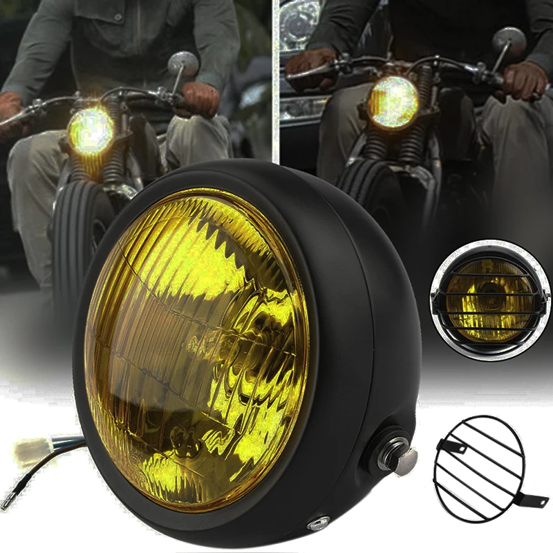 

6.5" Retro Motorcycle LED Headlight Side Mount + Grill Cover Set For Cafe Racer