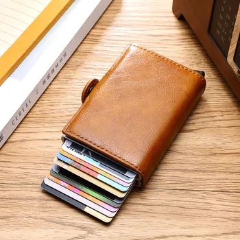 

RFID Business Credit Card Holder Vintage Men Multifunction Automatic Aluminium Leather Cards Case Mini Wallet Slim Coin Purse
