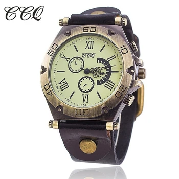 

CCQ Brand Men Vintage Cow Leather Bracelet Watch Casual Luxury Quartz Wristwatches Relogio Masculino Clock Hours