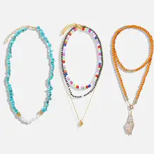Dvacaman богемные красочные бусы цепи ожерелье для женщин камень кулон с жемчужной раковиной себе ожерелье наборы ювелирных изделий оптом