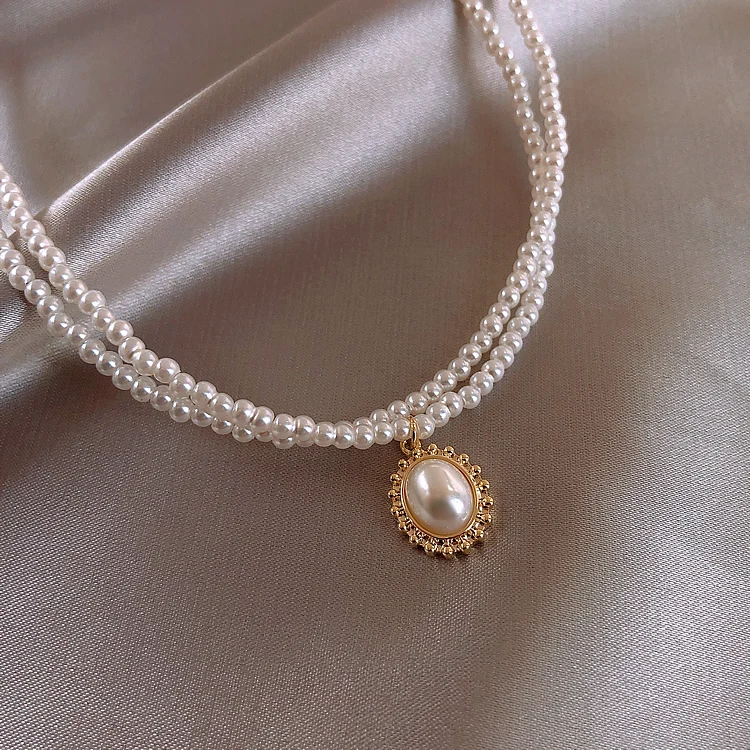 Korean new design fashion jewelry double elegant and elegant white pearl water drop pendant female prom party clavicle necklace