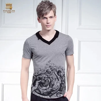

Fanzhuan Free Shipping autumn men's male European palace gray V-neck bottoming t shirt cotton character printing 615055