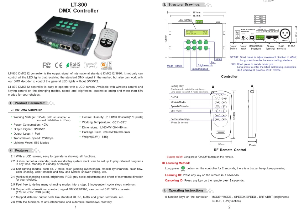 LT-800 DMX контроллер главный контроллер DMX 580 режим RF пульт дистанционного управления RGB Светодиодная лента контроллер DMX канал 170 пикселей ЖК-экран