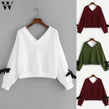 Womail свитшоты женские трикотажные пуловеры с v-образным вырезом и галстуком-бабочкой Осенние повседневные женские свитшоты с длинным рукавом в стиле пэчворк Sudadera S-XL