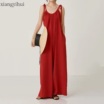 

Vintage Temperament Red Loose Rompers Jumpsuit Women Fashion Summer High Waist Chiffon Rompers Body Overalls Female Bottoming