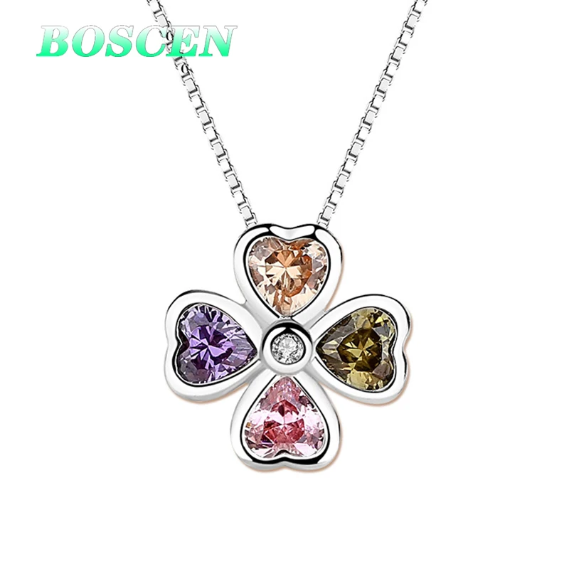 BOSCEN 925 стерлингового серебра кулон ожерелье для женщин девушка подарок на день рождения четырехлистный клевер простой темперамент элегантный - Цвет камня: 001
