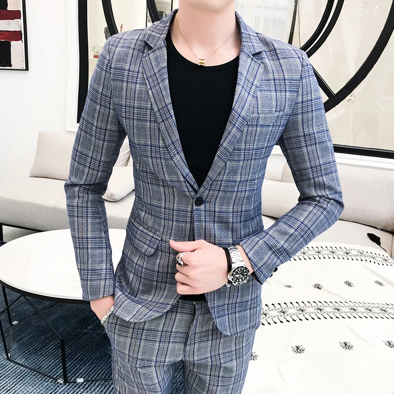 Men's British style slim blazer suit set two-piece jacket with pants high-end handsome men's gentleman suit 2019 Men's British style slim blazer suit set two-piece jacket with pants high-end handsome men's gentleman suit 2019