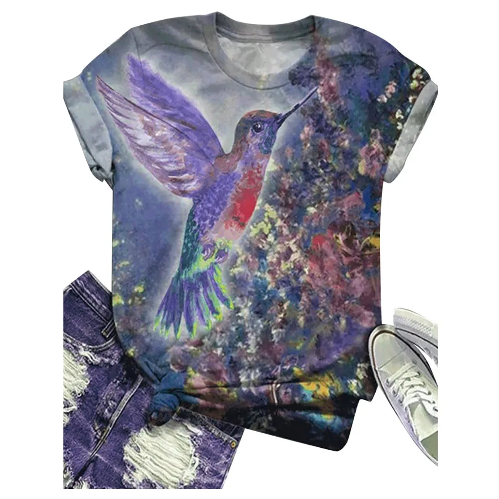 Женская футболка с объемным принтом Колибри свободная оверсайз коротким рукавом